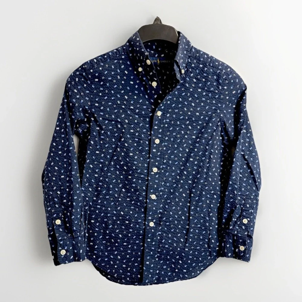 Ralph Lauren Boys Sz S/8 Nautical Seersucker Long Sleeve Button Down Shirt, Navy